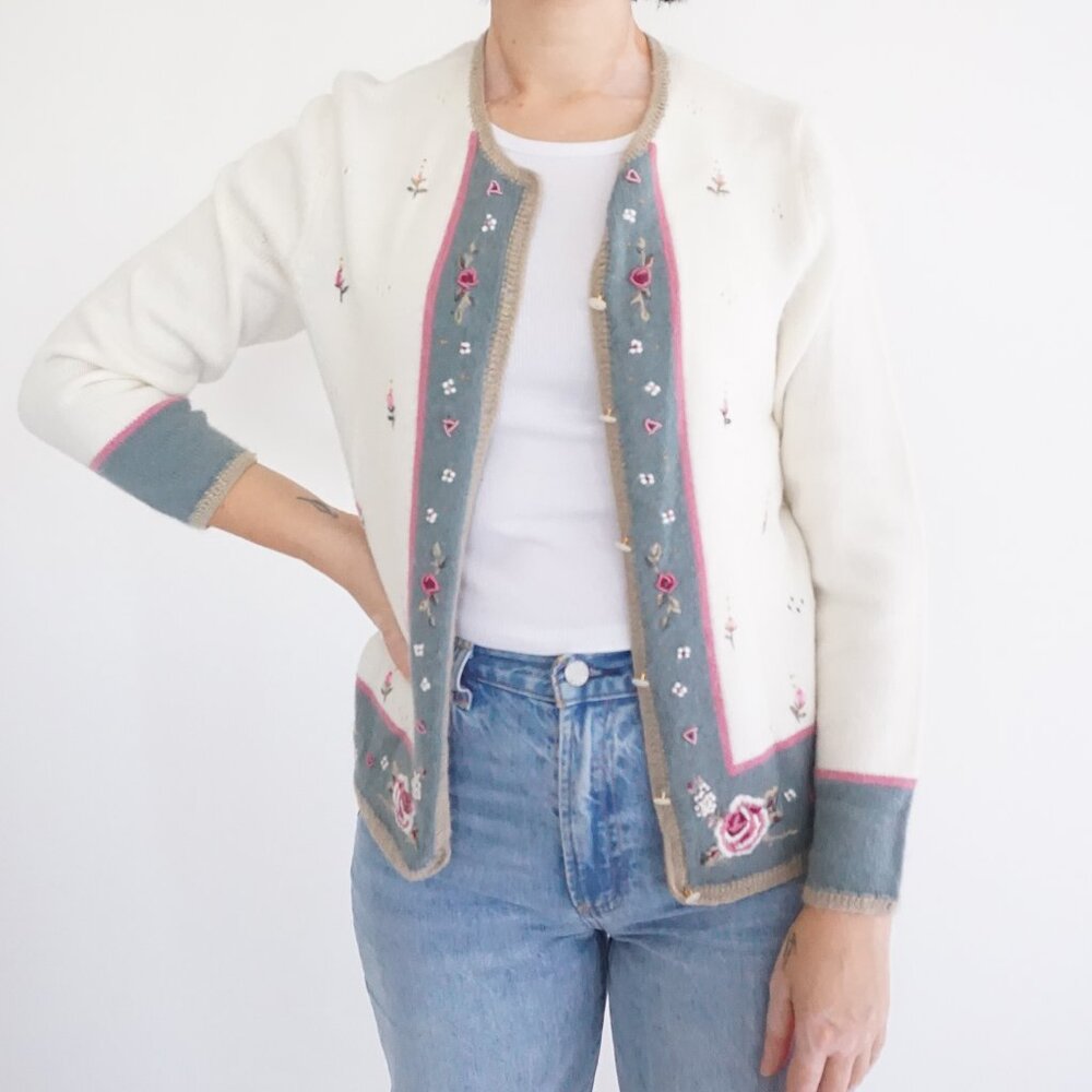Koret White Sweater Cardigan with Green Trim and Pink Embroidery